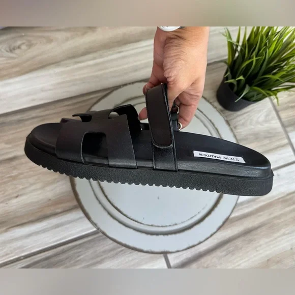 Steve Madden Mayven Slide Sandal Women’s 9.5 Black Leather Adjustable‎ Strap - Picture 6 of 7